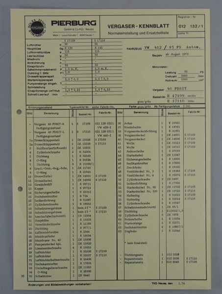 Kennblatt + Teilekatalog Pierburg Vergaser 40 PDSIT für VW 412 Automatik ab 1973