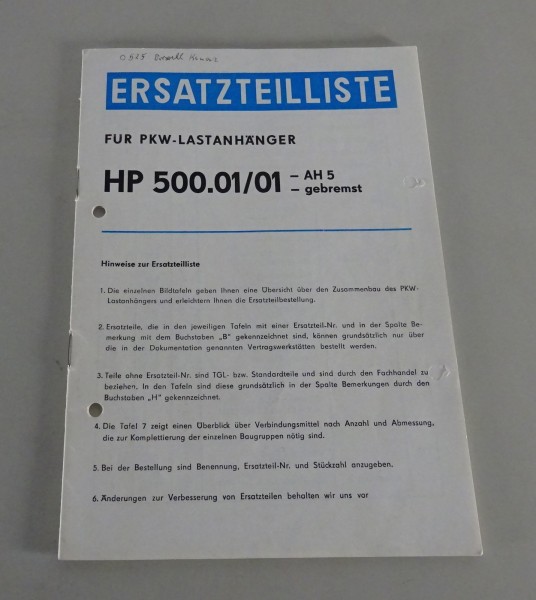 Teilekatalog / Ersatzteilliste IFA PKW-Anhänger HP 500.01/01 Stand 06/1985