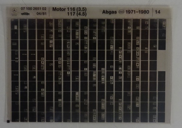 Microfich Teilekatalog Mercedes Motor M116 (3.5) / 117 (4.5) Abgas USA 1971-1980