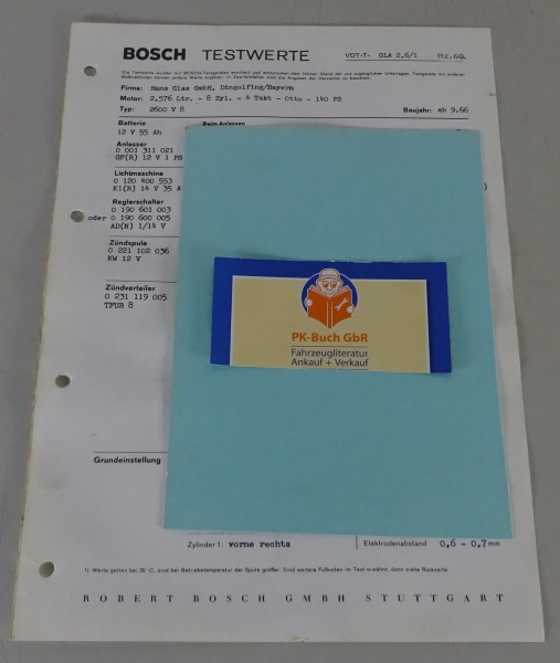 Bosch Testwerte Glas 2600 V8 2,576 Ltr. 8 Zylinder 140 PS ab Baujahr 09/1966