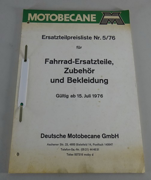Ersatzteilpreisliste Motobecane Fahrräder, Zubehör & Bekleidung Stand 07/1976