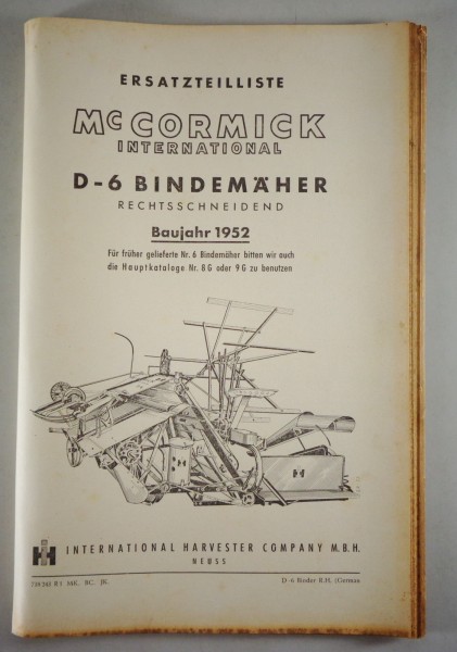 Teilekatalog McCormick International D-6 Bindemäher Baujahr 1952