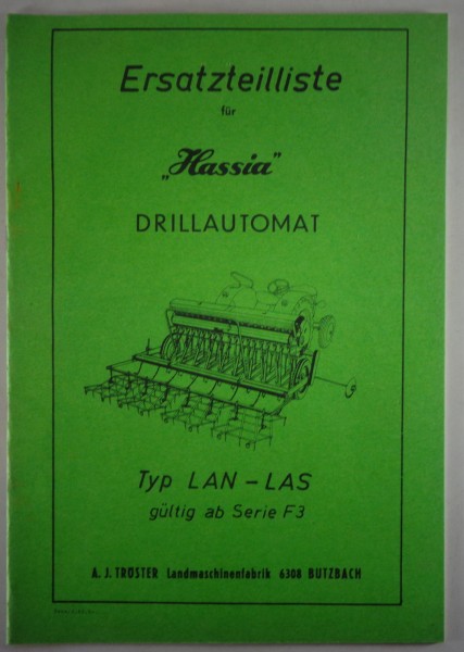 Teilekatalog Tröster Hassia Drillautomat Typ LAN - LAS F3 Stand 02/1965