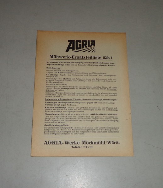 Teilekatalog / Ersatzteilliste Agria Werke Mähwerk 520/1