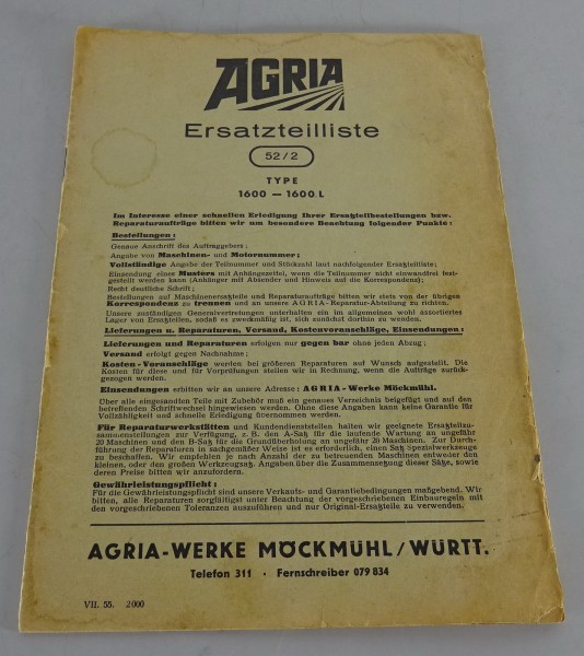 Teilekatalog / Ersatzteilliste Agria 52/2 Type 1600 - 1600 L Stand 07/1955