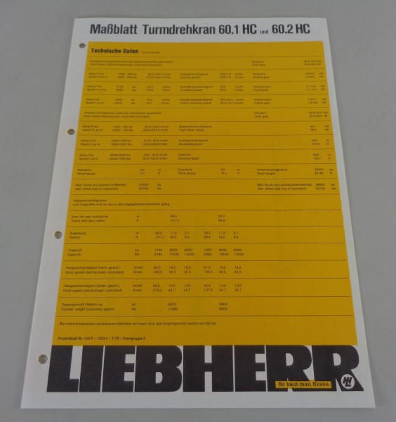 Datenblatt Liebherr Turmdrehkran 60.1 HC und 60.2 HC von 07/1973