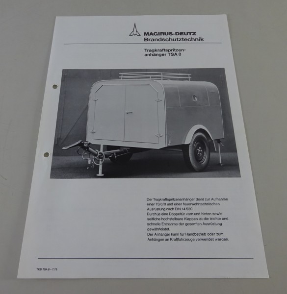 Prospektblatt Magirus-Deutz Tragkraftspritzenanhänger TSA 8 Stand 07/1975