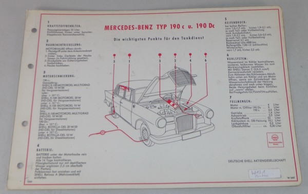 Shell Schmierplan für Mercedes Benz 190 c / 190 Dc W121 Ponton Stand 12/1961