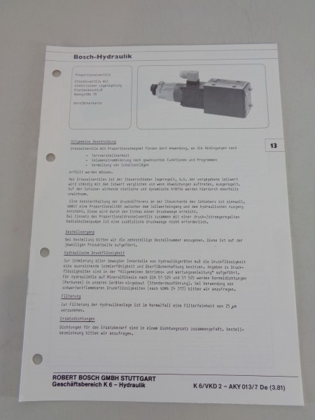 Technische Information / Kenngrößen Bosch-Hydraulik Proportionalventile 03/1981