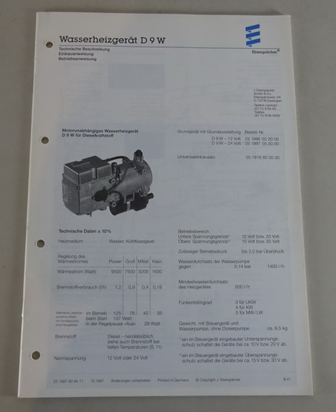 Technische Beschreibung/Einbauanweisung Eberspächer Wasserheizgerät D9W v. 10/97