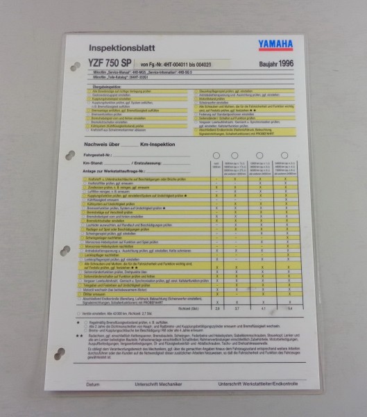 Inspektionsblatt Yamaha YZF 750 SP Typ 4 HT Stand 1996