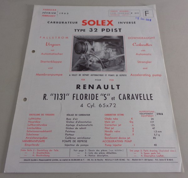 Datenblatt Solex Vergaser Typ 32 PDIST für Renault R 1131 Floride S von 02/1963