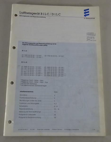 Reparaturanleitung/Störungssuche Eberspächer Luftheizgerät B1LC / D1LC von 06/94