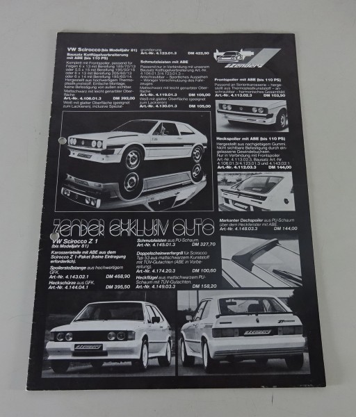Prospekt Zender Tuning VW, BMW, Porsche, Audi, Mercedes, Opel, Simca ca. 1981