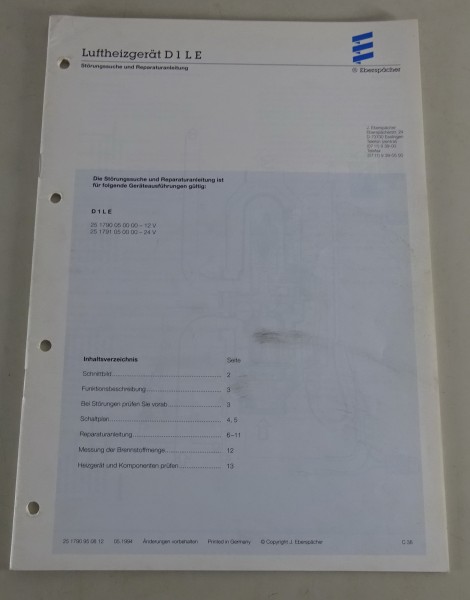 Reparaturanleitung/Störungssuche Eberspächer Luftheizgerät D1LE Stand 05/1994