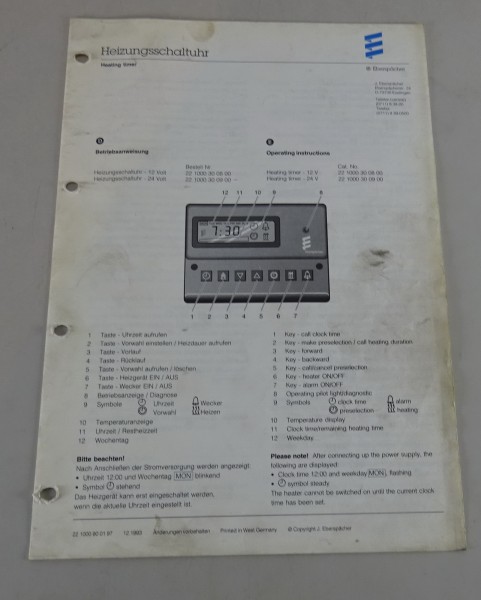 Technische Beschreibung/Einbauanweisung Eberspächer Heizungsschaltuhr von 12/93