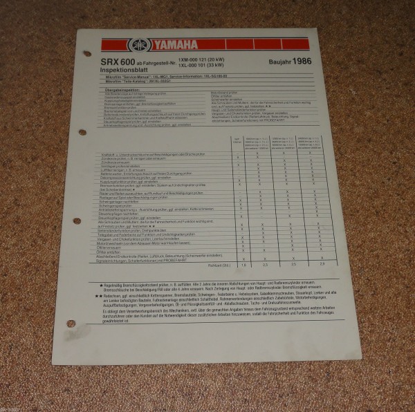 Inspektionsblatt Yamaha SRX 600 Typ 1XM / SRX 600 Typ 1XL Baujahr 1986