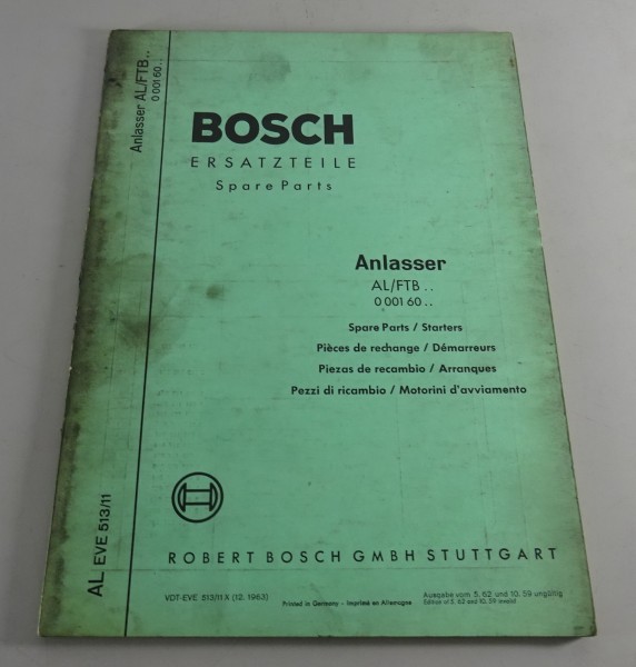 Teilekatalog Bosch Anlasser AL / FTB .. 0 001 60.. von 12/1963