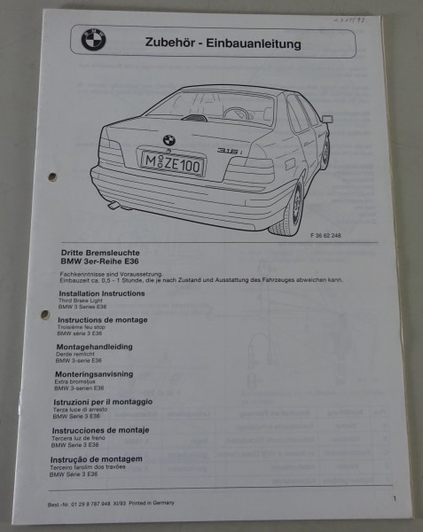 Einbauanleitung / Einbauanweisung BMW 3er E36 Dritte Bremsleuchte Stand 11/1993