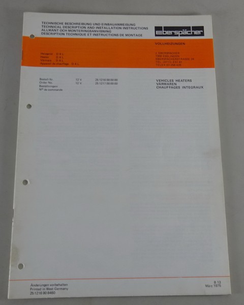 Technische Beschreibung /Einbauanweisung Eberspächer Heizgerät D4L von 03/1975