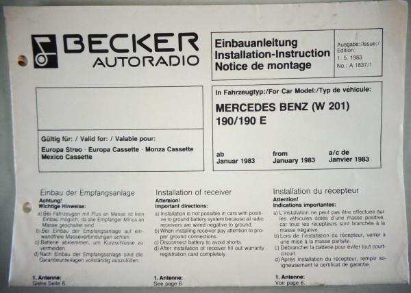 Einbauanleitung Becker Radio für Mercedes Benz W 201 190/190 E von 05/1983