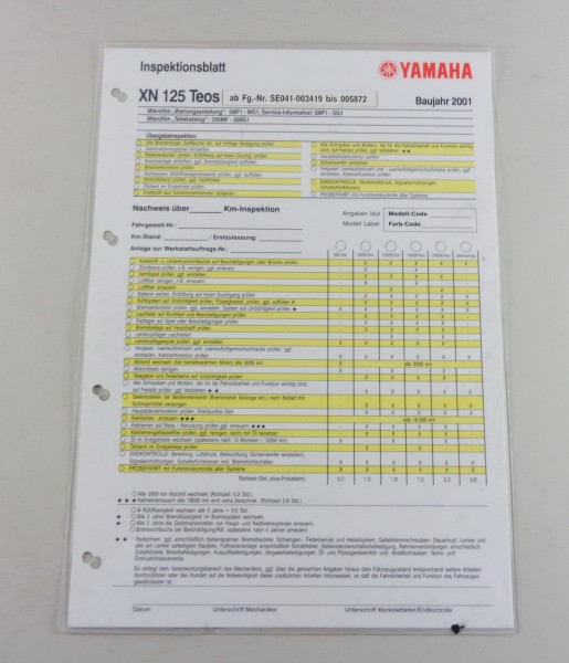 Inspektionsblatt Yamaha XN 125 Teos Typ SE 041 Stand 2001