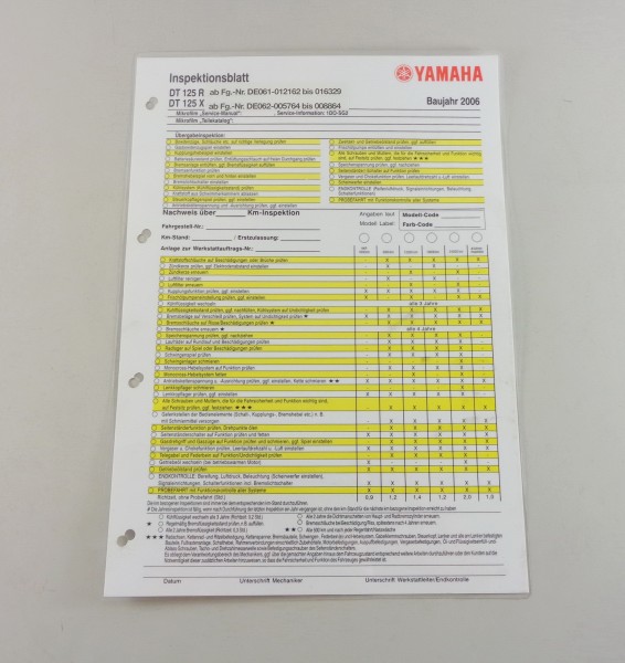 Inspektionsblatt Yamaha DT 125 R / DT 125 X Baujahr 2006