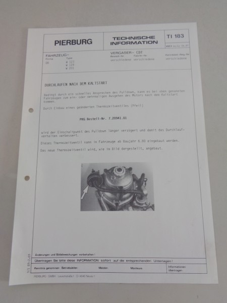 Technische Information Pierburg Vergaser CDT für Mercedes W123 W124 W201