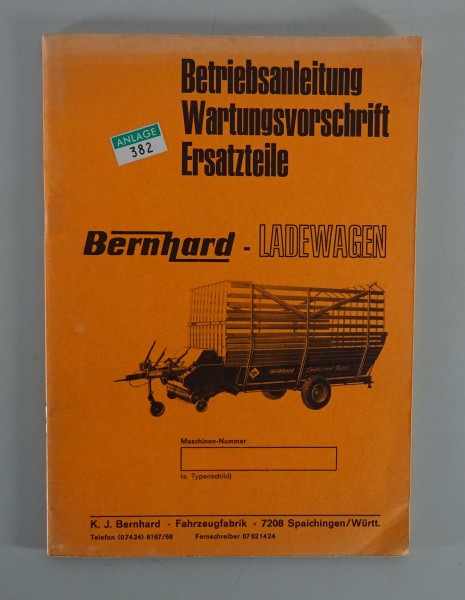 Betriebsanleitung / Handbuch + Teilekatalog Bernhard Ladewagen