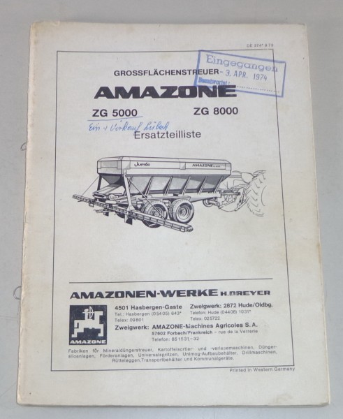 Teilekatalog Amazone Großflächenstreuer ZG 5000 / 8000 Stand 09/1973