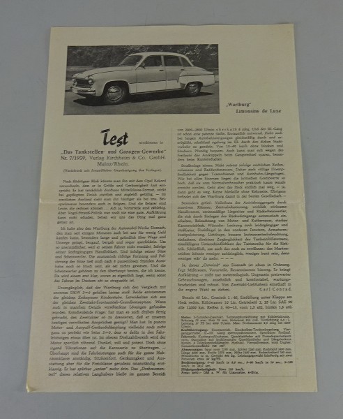 Testbericht Wartburg 311 de Luxe - BRD (Westdeutschland) Stand 07/1959