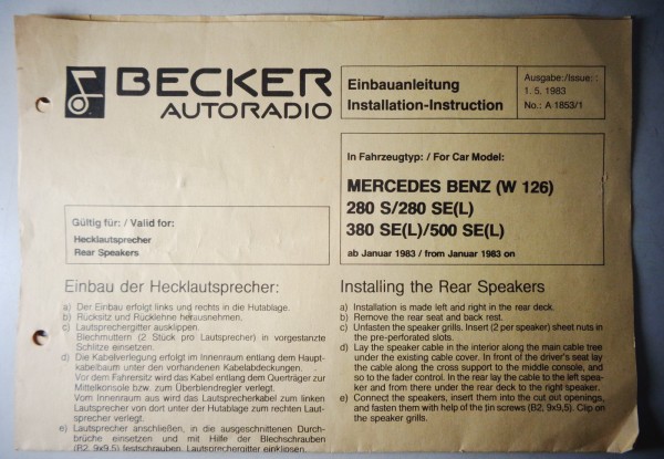 Einbauanleitung Becker Radio für Mercedes Benz W 126 | 280 S/SE | 380 SE