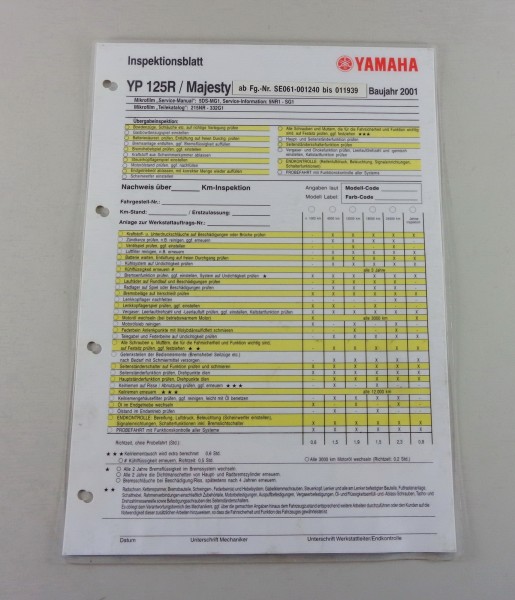 Inspektionsblatt Yamaha YP 125 R / Majesty Typ SE 061 von 2001