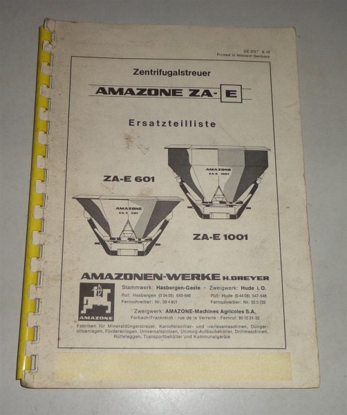 Teilekatalog Amazone Zentrifugalstreuer ZA-E 601 / 1001 - Stand 09/1972