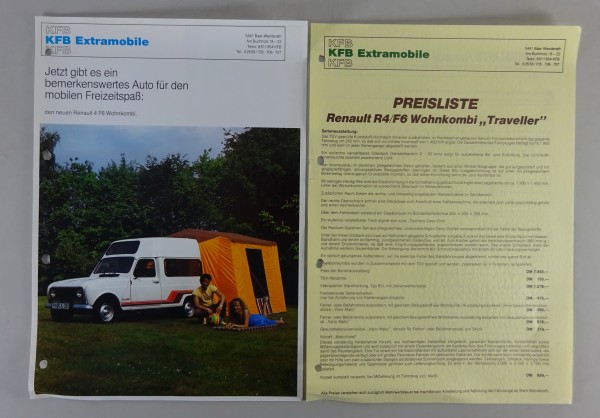 Prospekt / Broschüre + Preisliste Renault R4 F6 Wohnmobil / Wohnkombi KFB
