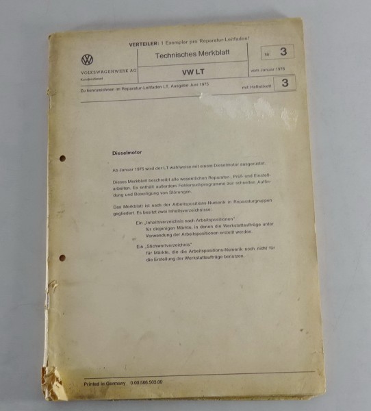 Werkstatthandbuch VW LT 28 / 31 / 35 2,7 liter Dieselmotor MKB : CG von 01/1976