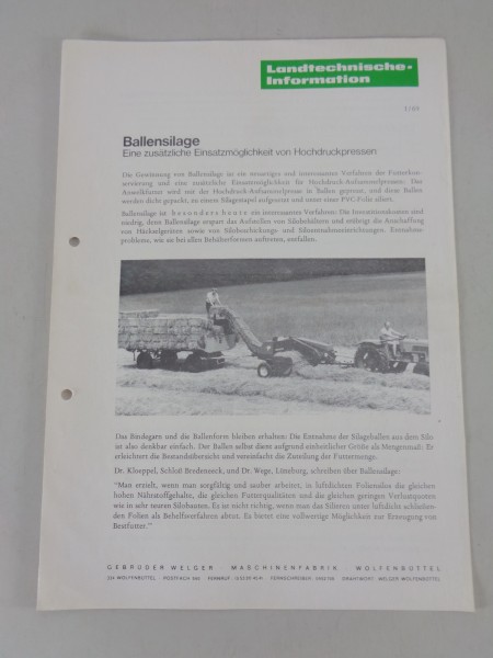 Prospekt / Landtechnische Information Welger Ballensilage Stand 01/1969