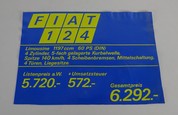 Preisschild Fiat Händler für Fiat 124 Limousine Stand ca. 1968