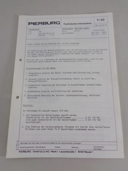Technische Information Pierburg Vergaser für Mercedes 200 220 230 W115 / W123
