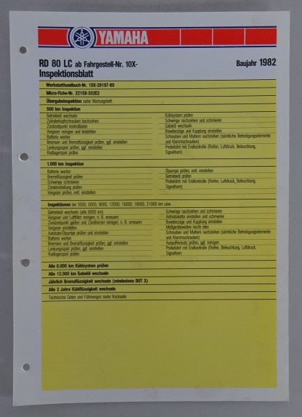 Inspektionsblatt Yamaha RD 80 LC Typ 10X Baujahr 1982