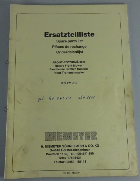 Teilekatalog / Spare Parts Niemeyer Front-Rotormäher RO 271-FB Stand 03/1989