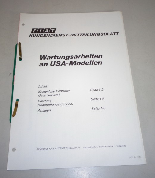 Wartungsanleitung Fiat USA Modelle 128 / 131 / 124 Sport etc. von 11/1976