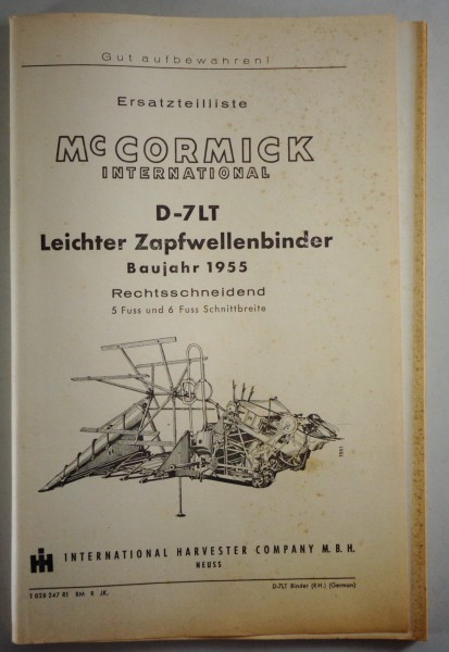 Teilekatalog McCormick International Leichter Zapfwellenbinder Baujahr 1955