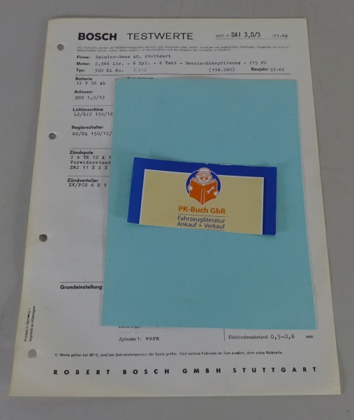 Bosch Testwerte Mercedes-Benz 300 SL R198 Baujahr 1957 - 1962