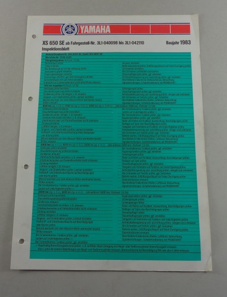 Inspektionsblatt Yamaha XS 650 SE Typ 3L1 Baujahr 1983