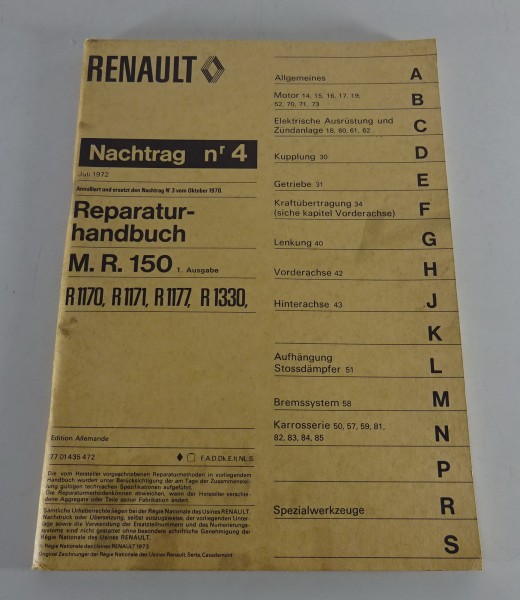 Werkstatthandbuch Nachtrag Renault 12 R12 R1170 - R1330 Stand 10/1970