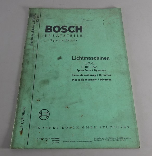 Teilekatalog / Parts list Bosch Lichtmaschinen LJ/GJJ.. 0 101 352.. von 04/1968