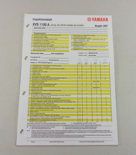 Inspektionsblatt Yamaha XVS 1100 A Typ VP 161 Stand 2007