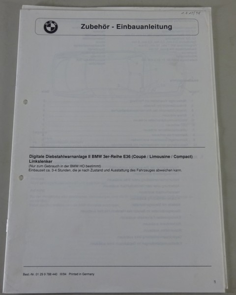 Einbauanleitung BMW 3er E36 Digitale Diebstahlwarnanlage II Linkslenker 03/1994