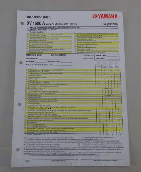 Inspektionsblatt Yamaha XV 1600 A Typ VP081 Baujahr 2002